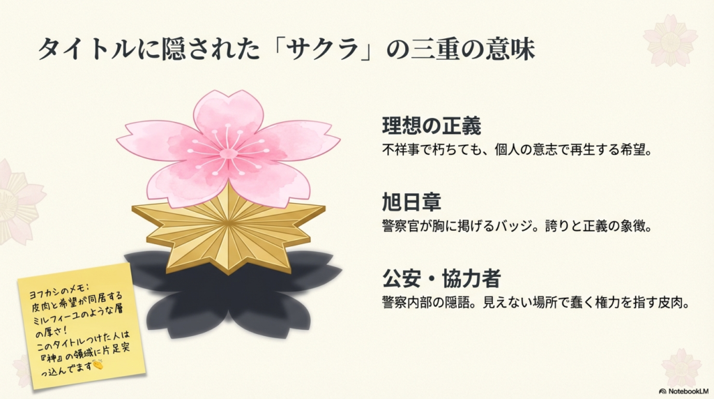 旭日章（正義）、公安・協力者（内部隠語）、理想の正義という「サクラ」の持つ三つの層を解説するスライド。