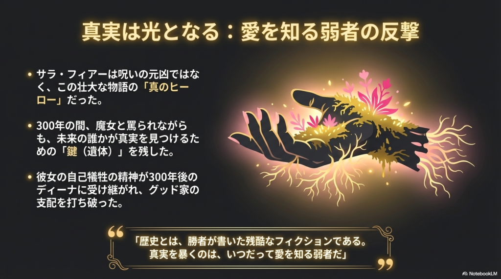 300年後のために「鍵」を残したサラ・フィアーの強さと、愛を知る弱者の反撃について語るスライド。