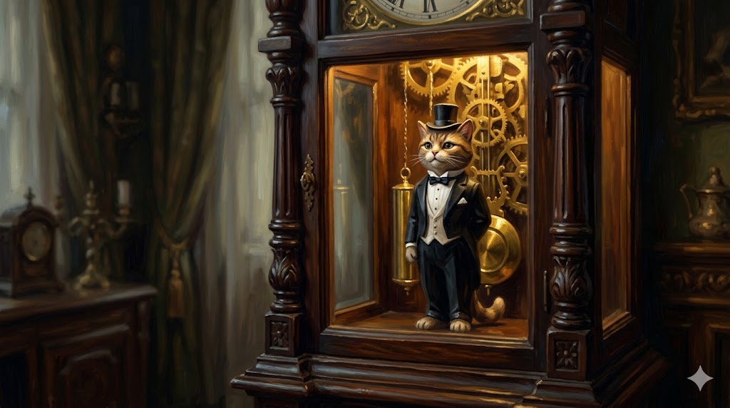 アンティークな猫の紳士人形と古時計