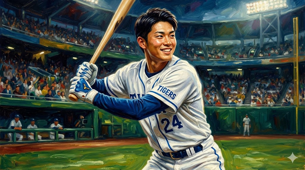 若き日の横田慎太郎選手がバットを構える、躍動感あふれるイラスト