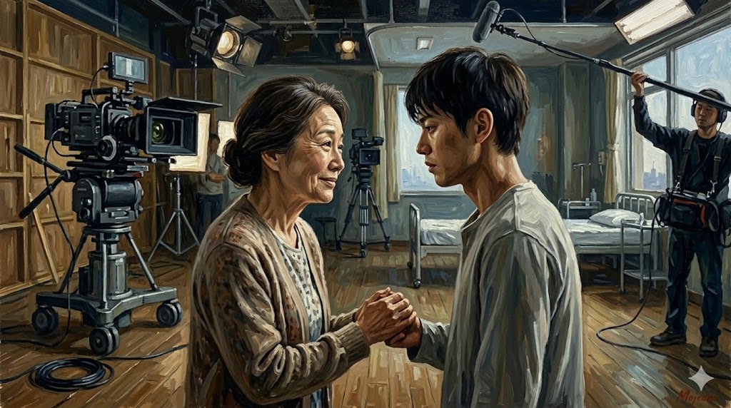 映画の撮影現場。カメラのレンズ越しに、慎太郎を見つめる周囲の人々の表情を捉えている様子