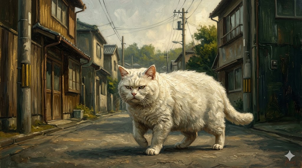 街中を悠然と歩くふくよかな白い野良猫