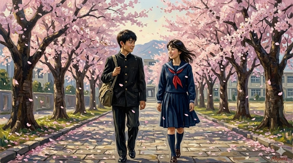 制服姿の男女が並んで歩く。青春の1ページを切り取ったような、淡く美しいイラスト