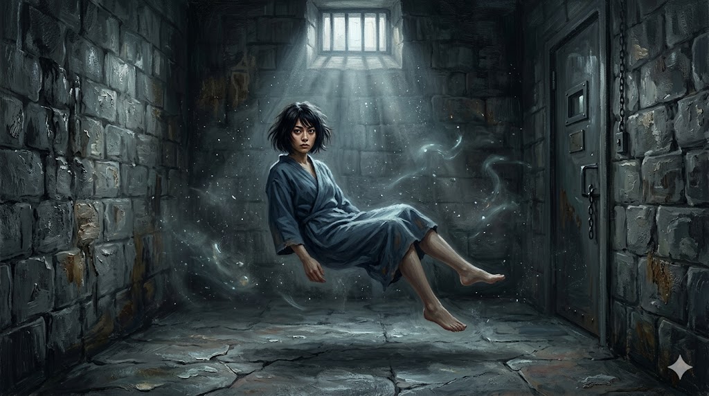 精神病院の冷たい石壁に囲まれた独房で、一人の女性が重力を無視して数センチ浮遊し、強い意志を持った瞳で正面を見据えている。