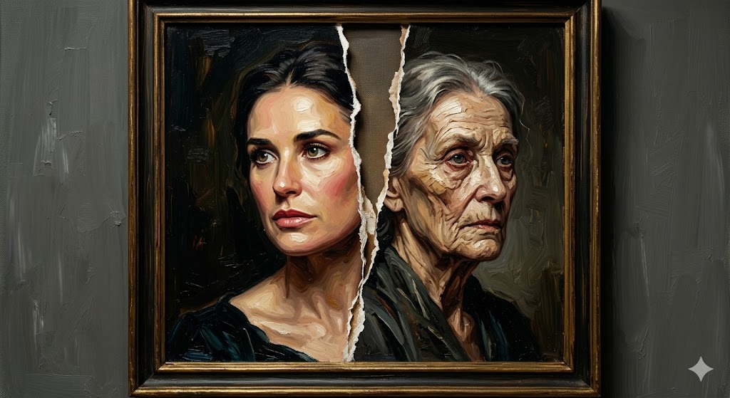 鏡を見つめるエリザベスの顔半分が美しく、もう半分が老化し崩壊しているイメージ画像
