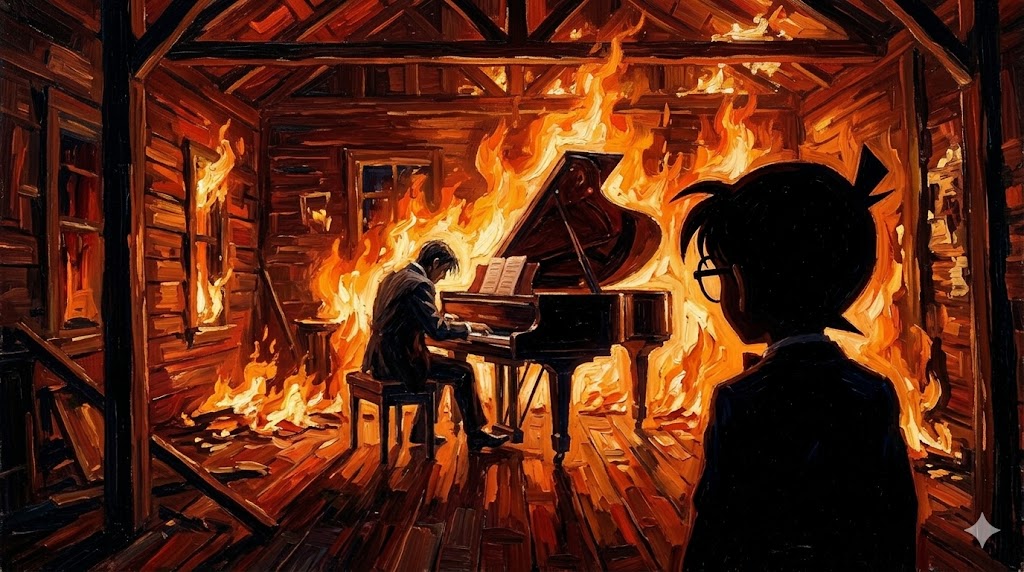 燃え盛る炎の建物の中で、ピアノに向かう影と、それを見つめる呆然とした少年の油絵
