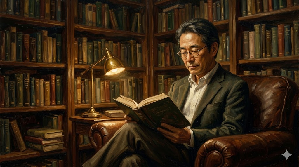 書斎で本を読む知的で温厚な父親