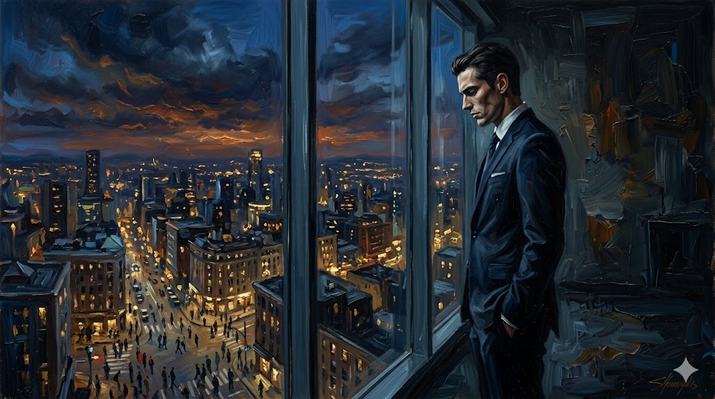 高層ビルの窓から下界を見下ろす男