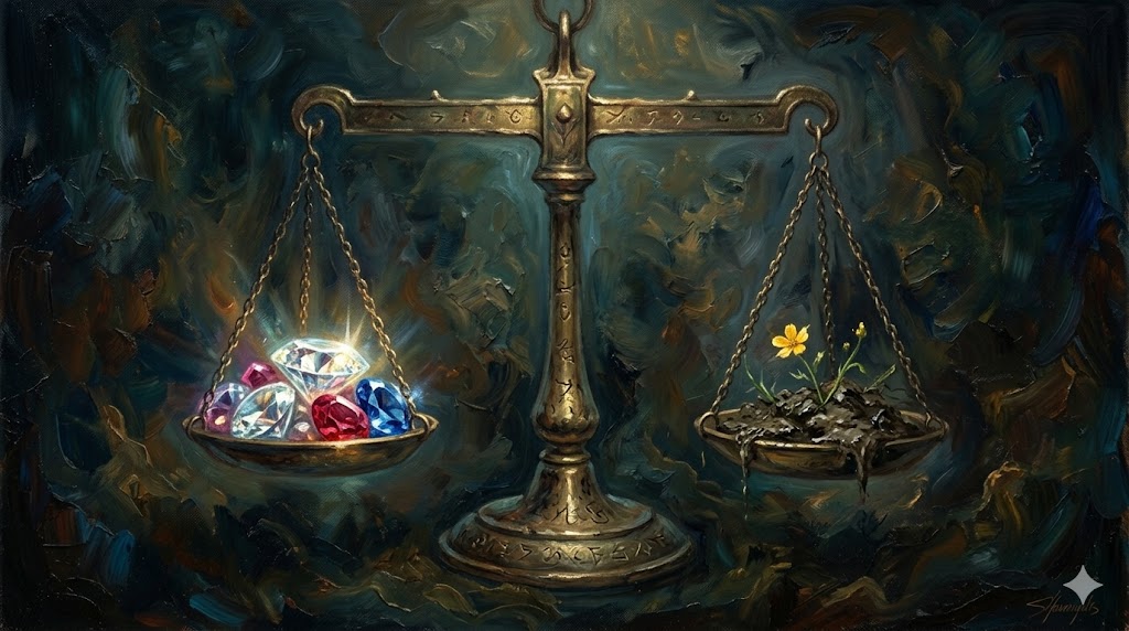 天秤にかけられた宝石と泥の寓話