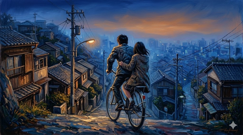 坂道を登る二人の自転車