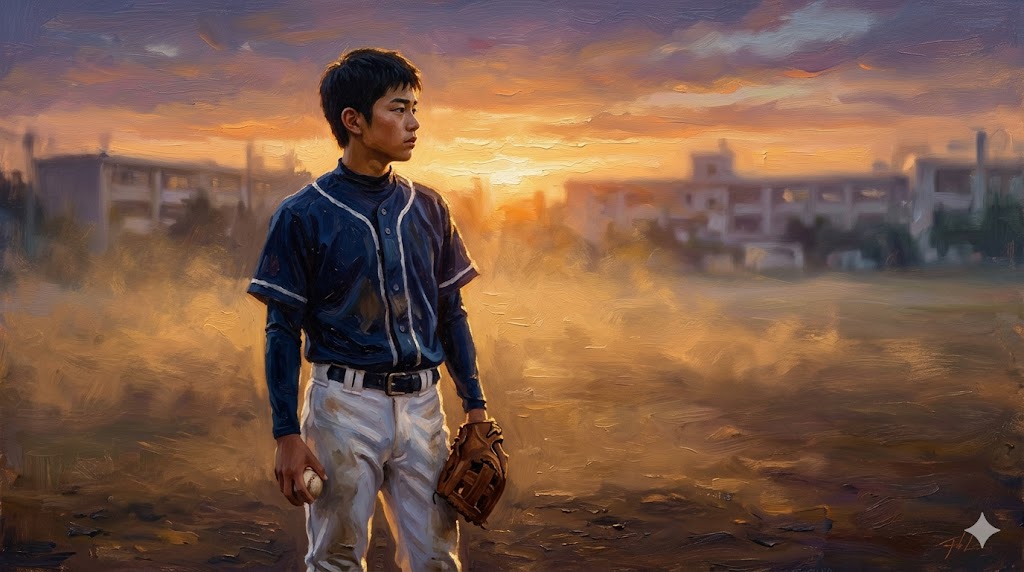 夕暮れの日本の校庭と野球部の少年