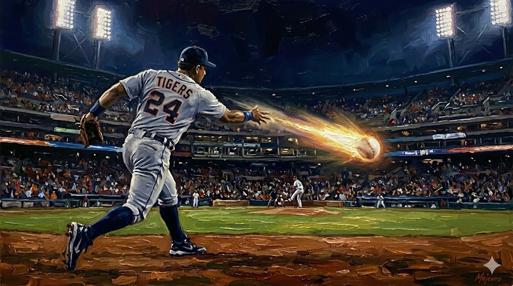 センターからバックホームを投げる瞬間、ボールが光を放っているような幻想的なイラスト