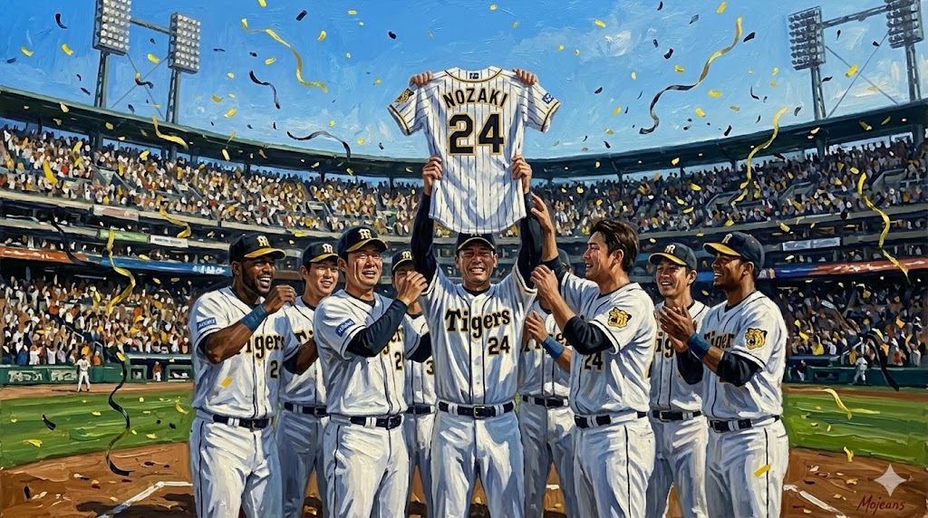 タイガースの優勝シーンで、選手が掲げる背番号24のユニフォームと歓喜の輪