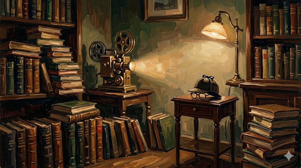 山積みのコミックスと古い映写機、その傍らで一休みする小さな探偵のシルエットの油絵