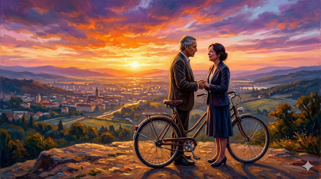 夜明けの高台と自転車の男女