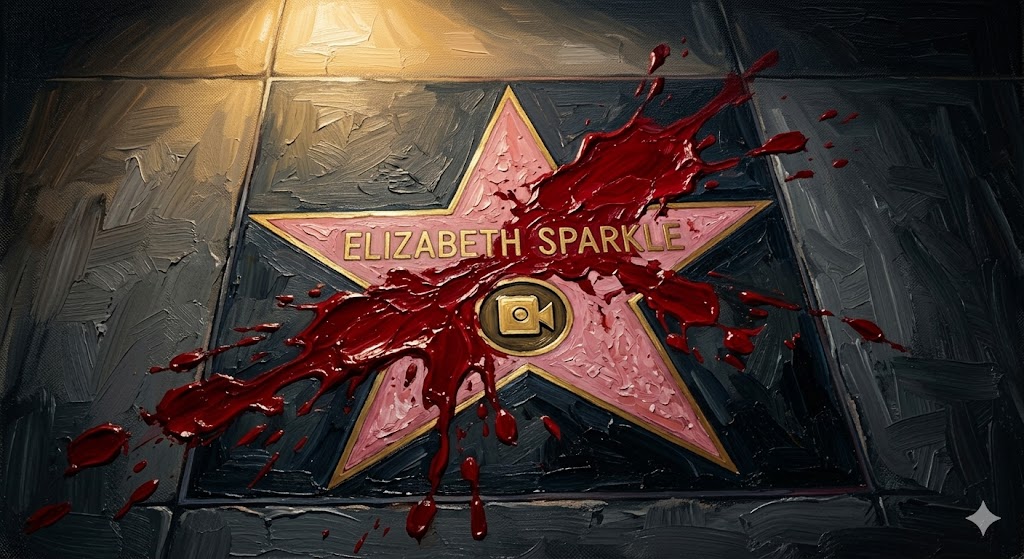 ハリウッドの歩道に刻まれた星の上に、赤い血が溜まっている切ないラストシーンのイメージ