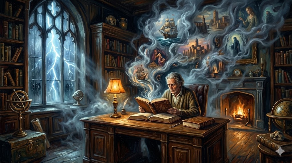 夜の書斎で集中して映像を見る男性