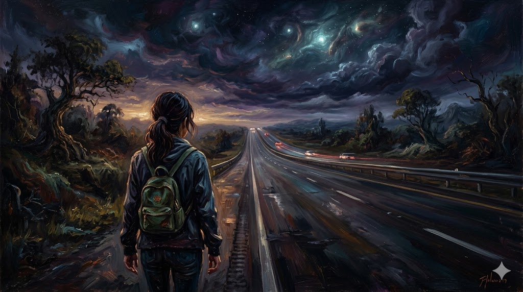 どこまでも続く夜のハイウェイを、小さなリュックを背負った女性が一人で歩いている後ろ姿。遠くには去っていく車のライトがかすかに見えている。