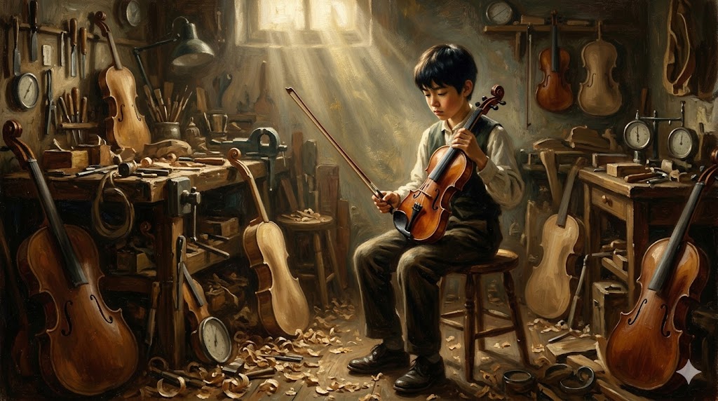 バイオリンを抱える14歳の少年