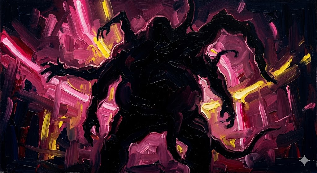 暗闇の中で、不規則に四肢が生えた巨大なクリーチャーのシルエット