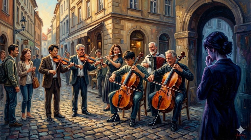 ヨーロッパの街並みとチェロを弾く青年