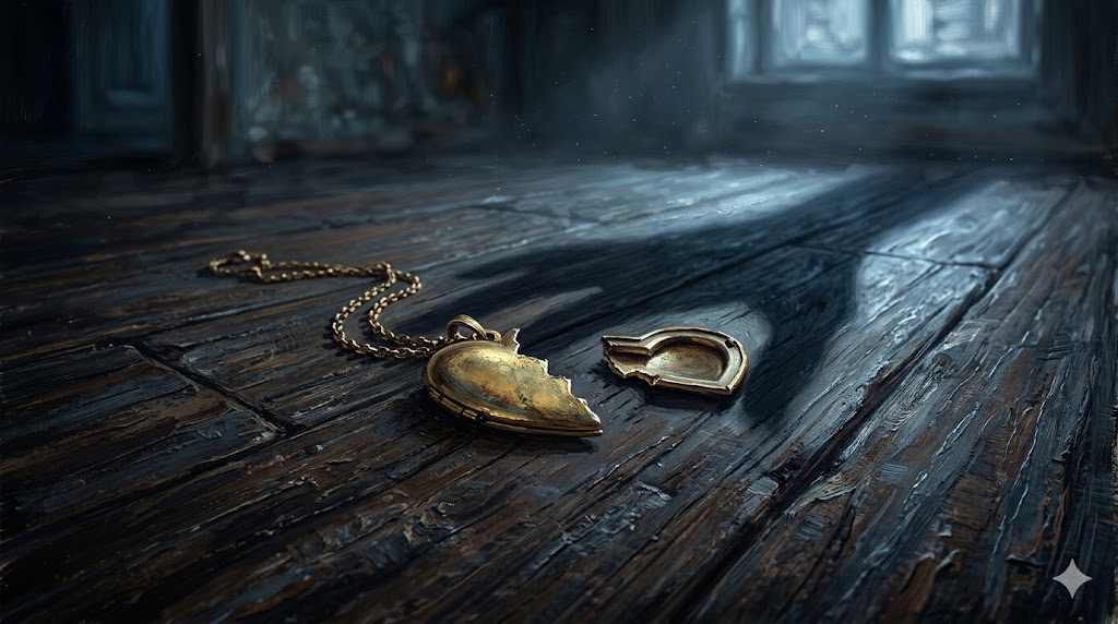 暗いフローリングの床に、半分に引きちぎられたハート型の金色のネックレスが落ちており、そこには友情の終わりを象徴するような冷たい影が落ちている。