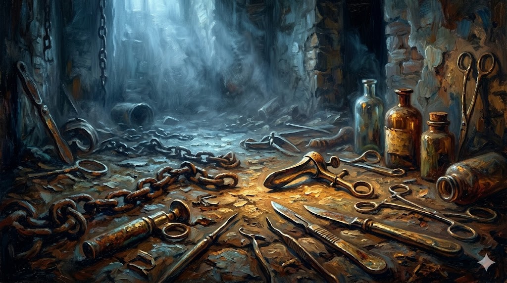 古びた手術道具と錆びた鎖