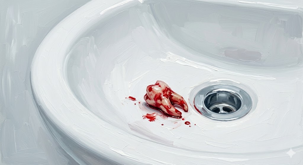 洗面台に落ちた一本の白い歯と、そこから滲む鮮血のコントラスト