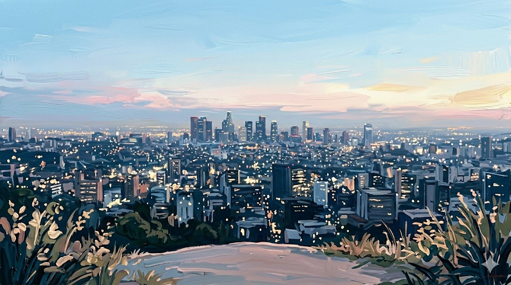 丘の上から見下ろす街の夜景と夜明け