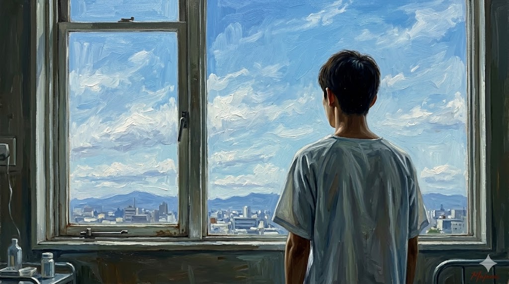 病院の窓から遠くの空を見上げる青年の後ろ姿。切なさと希望が混ざった雰囲気