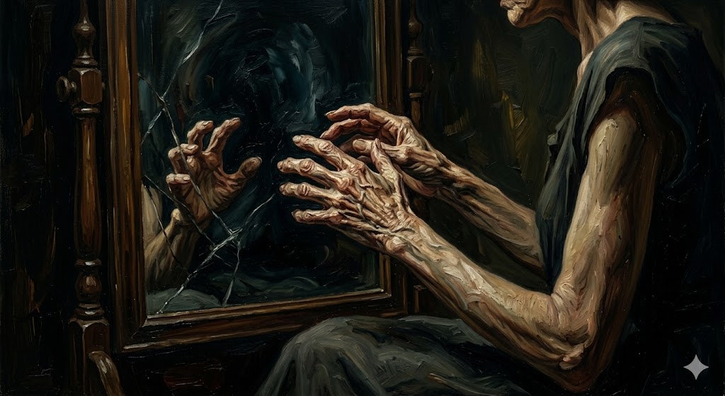 鏡の前で、自身の指が変形していく様子を恐怖の表情で見つめる女性のクローズアップ