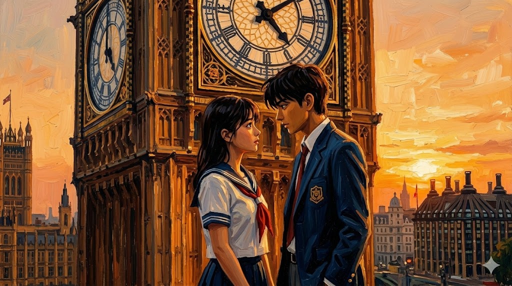 夕暮れのロンドンを背景に、時計塔の下で見つめ合う若い男女のドラマチックな油絵