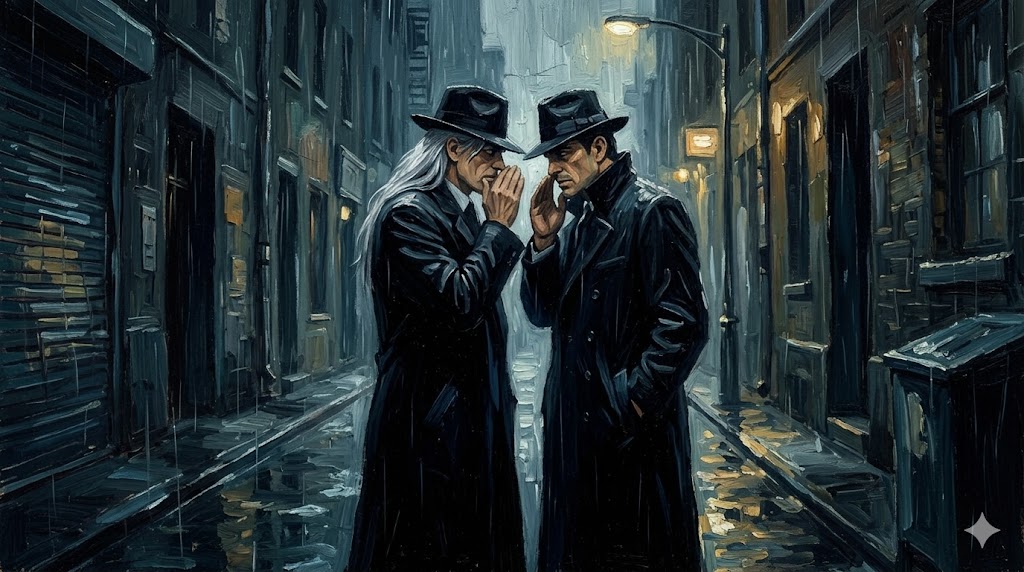雨の降る暗い路地裏で、黒いコートを着た冷酷な男たちが密談しているシーンの油絵
