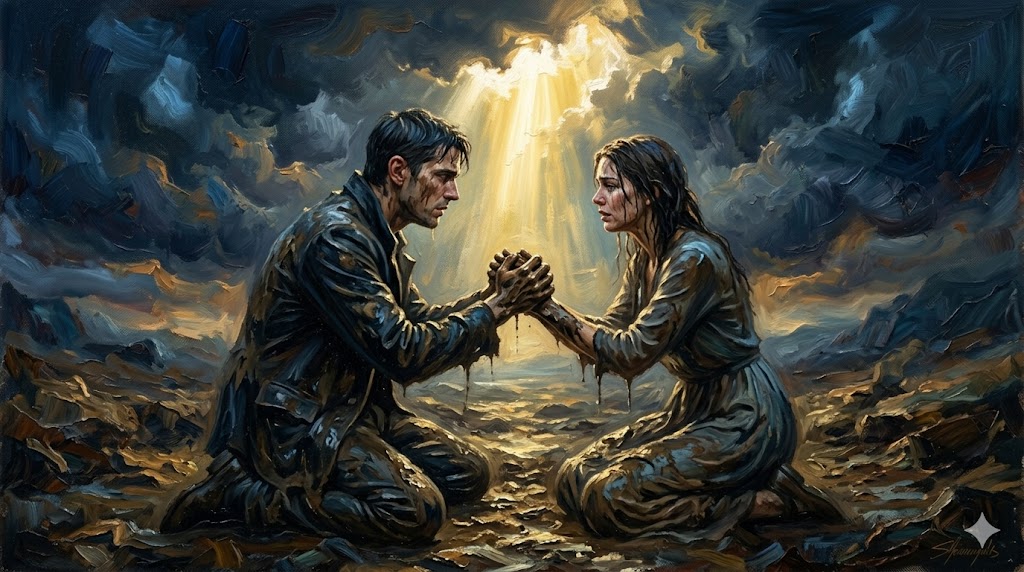 荒野で泥だらけの手を取り合う男女