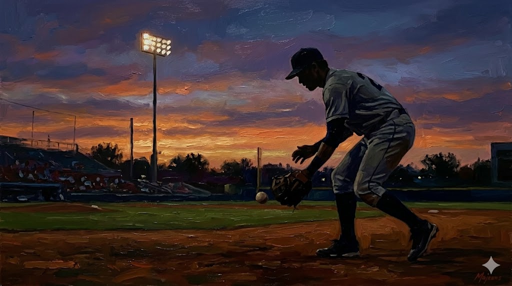 夕暮れのグラウンドで一人、黙々と守備練習を続ける選手のシルエット