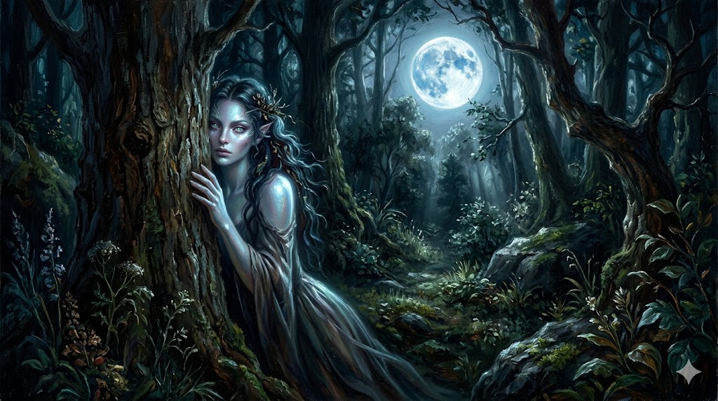 描写：深い月夜の森の中で、肌が月光を反射して青白く光る、美しいがどこか人外の気配を感じさせる女性が、木の陰に隠れてこちらを覗き込んでいる様子。