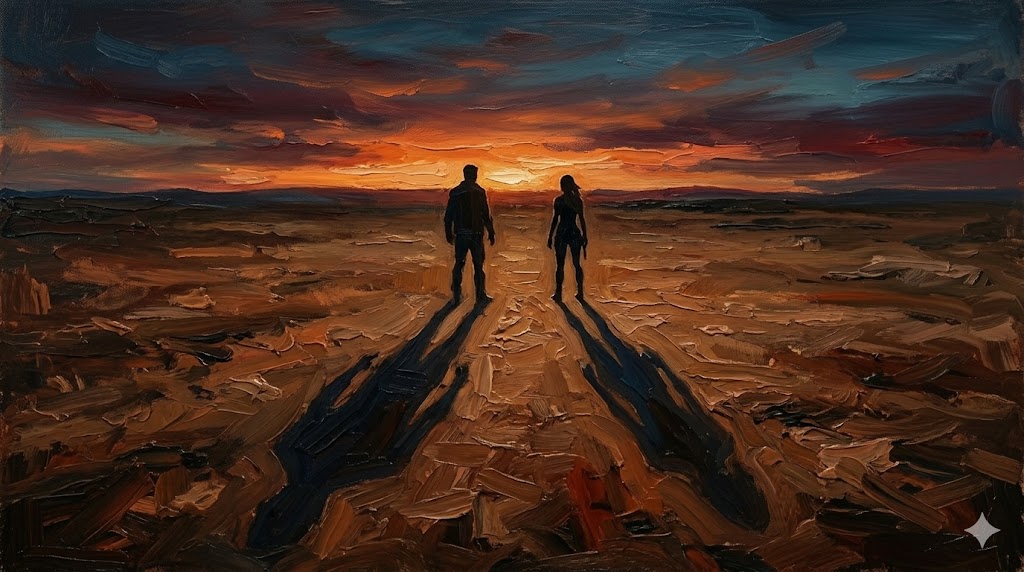 夕暮れの荒野と二人の影