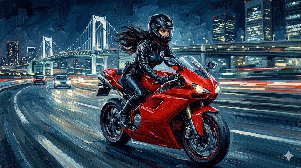 横浜の夜景を背景に、高速道路を疾走する赤い大型バイクと追跡するパトカーの油絵