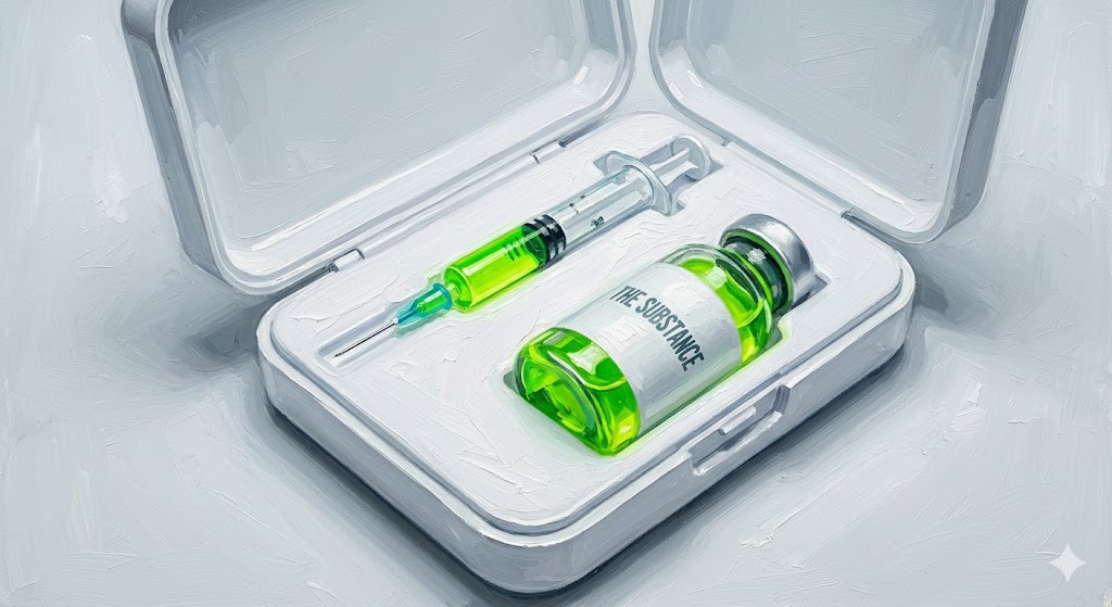 近未来的な実験室で、謎の薬剤『ザ・サブスタンス』のキットが並んでいる様子