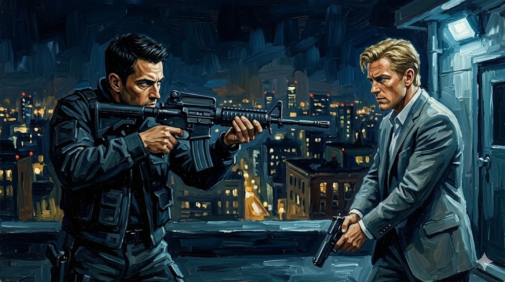 都会のビル屋上で、ライフルを持つ男と拳銃を構える男が対峙する緊迫の油絵