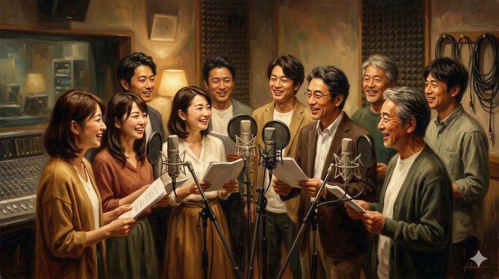 アフレコスタジオで微笑む多様な人々