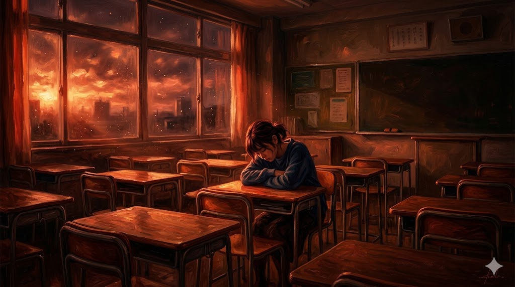 夕暮れ時の誰もいない教室で、一人の女性が机に突っ伏すようにして座り、窓から差し込む赤い光の中に孤独が漂っている情景。