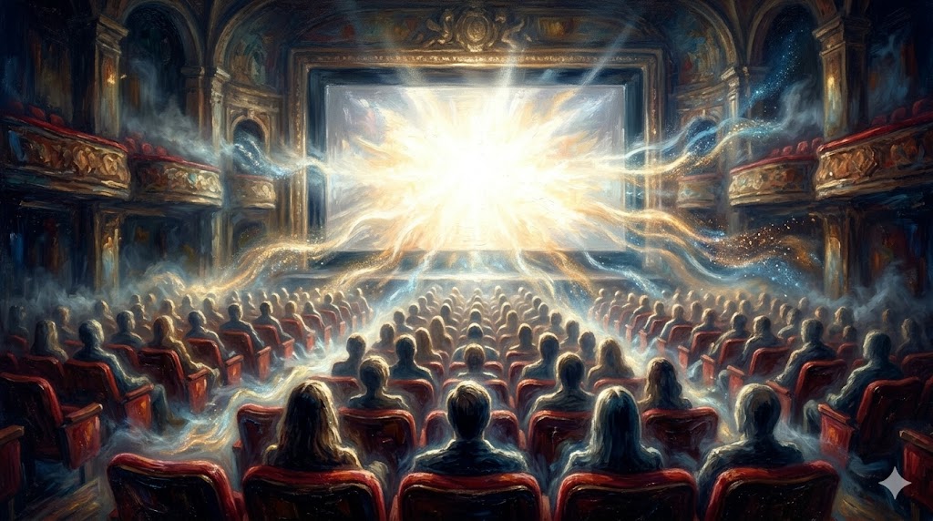 驚愕の表情を浮かべる観客とスクリーンの影