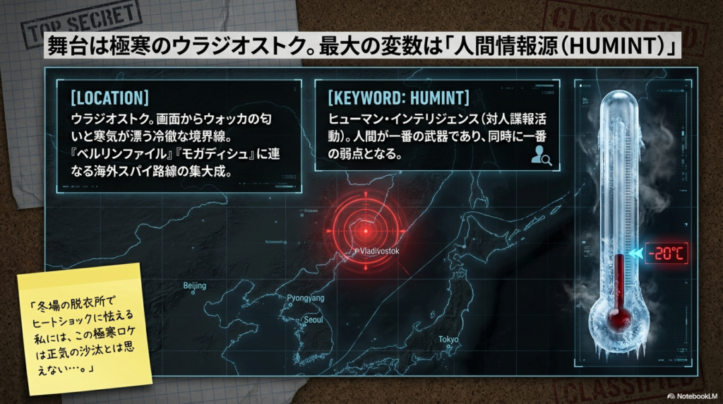 ウラジオストクの地図と「HUMINT（対人諜報活動）」というキーワードが記されたスライド。人間が一番の武器であり、弱点でもあることが強調されている 。