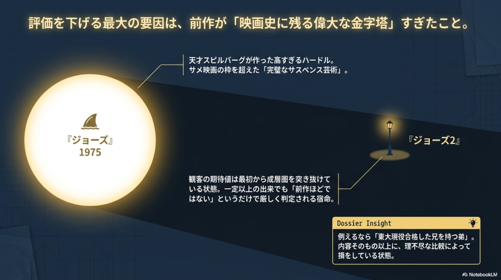 前作『ジョーズ』を東大合格した兄、本作をその弟に例えた比較の理不尽さを説明するスライド
