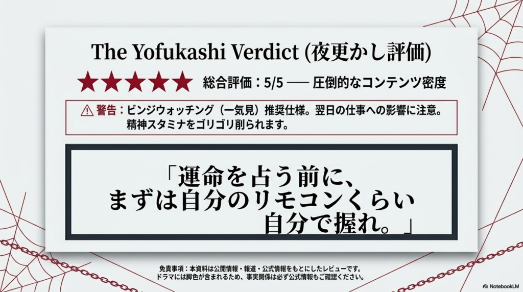 総合評価星5つと、格言「運命を占う前に、まずは自分のリモコンくらい自分で握れ」が書かれたまとめのスライド。