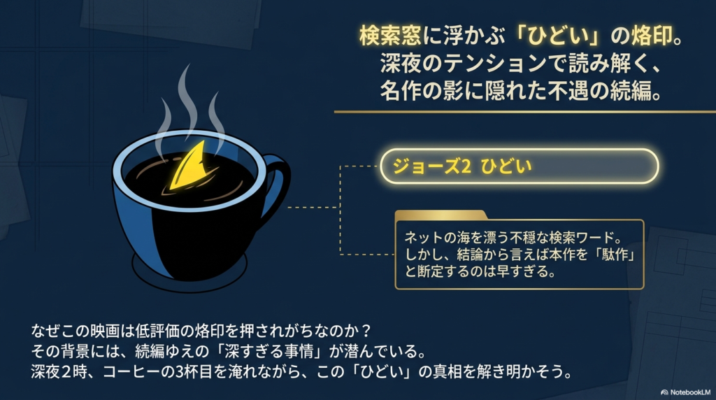 深夜のテンションで読み解く『ジョーズ2』の不評の真相についての表紙スライド