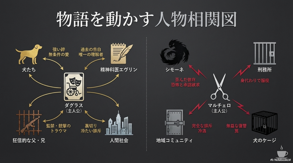 主人公ダグラスとマルチェロを中心とした、犬たちや精神科医、シモーネなどの登場人物との関係性やトラウマを示す相関図 。
