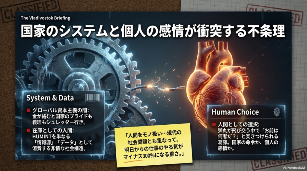 国家のシステムと個人の感情が衝突する不条理を解説するスライド。金が絡むと国家のプライドも義理もシュレッダー行きになり、人間が「在庫」として消費される非情な構造を示している 。