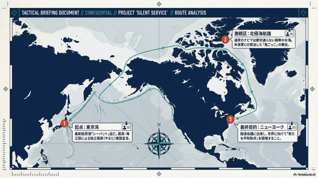 東京湾を起点とし、激戦区の北極海航路を経て、最終目的地のニューヨークへと向かう〈やまと〉の航海ルートを示した世界地図の画像